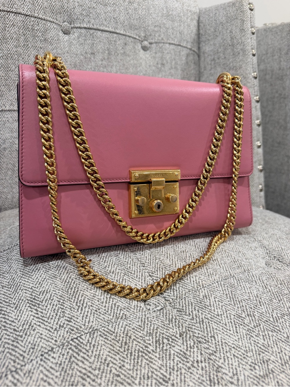 Gucci Medium Pink Leather Shoulder Padlock Bag with Gold Chain